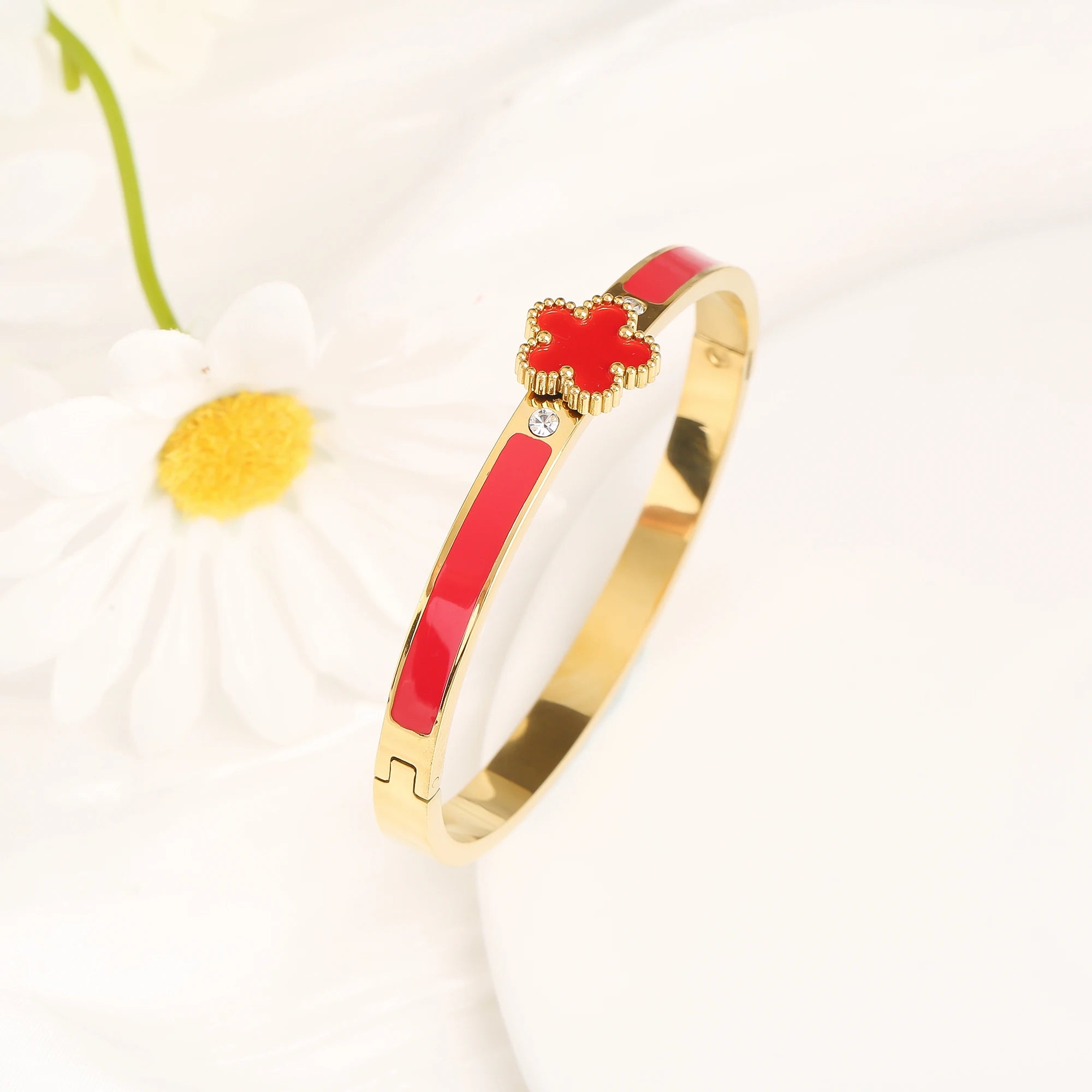 6 Colors Classic Luxury Stainless Steel Five Leaf Flower Open Bangle Simple for Woman Girl Party Trend Enamel Jewelry  Clover